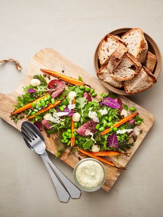 Vårsalat med estragoncreme, peberrod og oksesalami