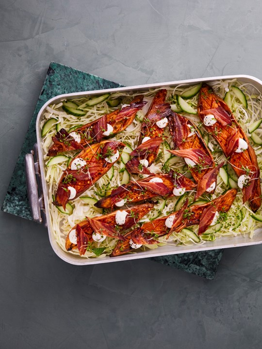 Søde kartofler med grønt, aioli og Dansk Pancetta